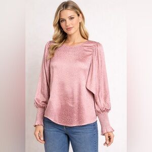 Vine & Love Pink Satin Animal Print Blouse Puff Sleeve Small